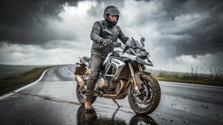 Motard de 48 ans sous une pluie battante après 120 km, gants trempés et usés, route mouillée