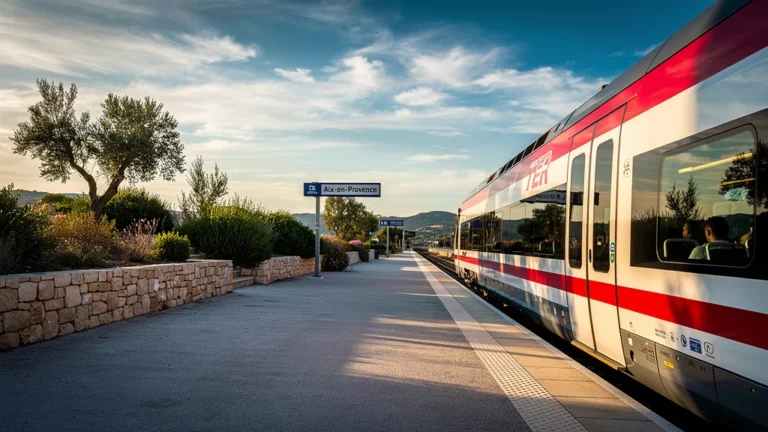 Paysage hyperréaliste d’une gare TER entre Aix et Marseille au coucher de soleil, train moderne et nature environnante