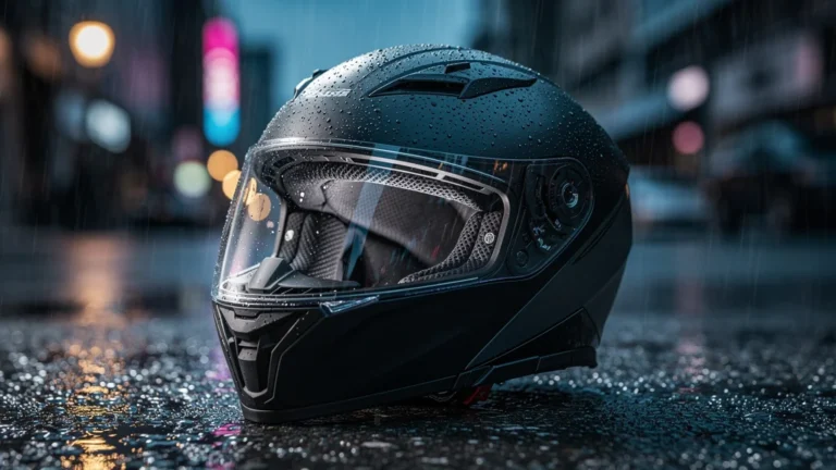 Casque modulable noir brillant sous la pluie, montrant une résistance supérieure à un casque intégral