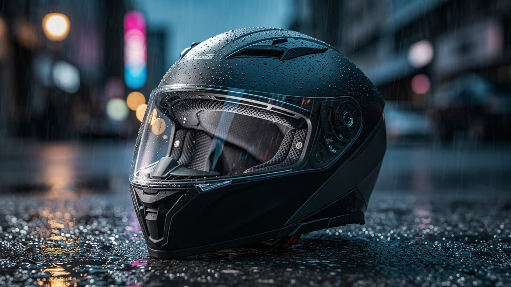 Casque modulable noir brillant sous la pluie, montrant une résistance supérieure à un casque intégral