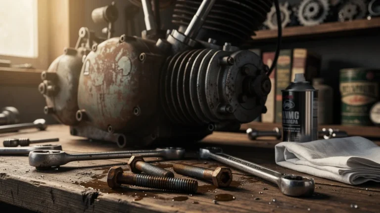 Vis de moto rouillées redonnées vie par un dégrippant dans un atelier mécanique réaliste