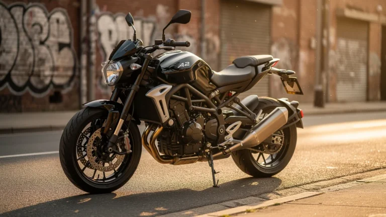 Moto A2 bridée urbaine au coucher du soleil, image hyper-réaliste valorisant sa réputation méritée