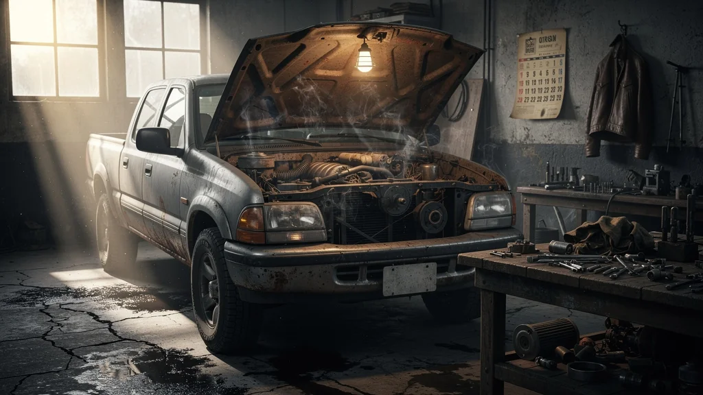 Photo réaliste d’un moteur diesel usé montrant la fatigue avant casse, ambiance garage ancien sombre