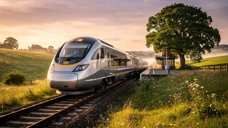 Train régional moderne en pleine campagne au coucher du soleil, symbolisant sa grande fiabilité