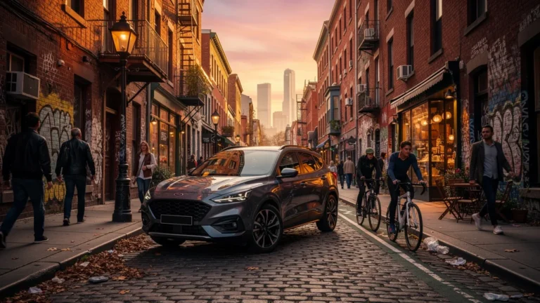 Photo urbaine ultra-réaliste d'un SUV compact sur une rue étroite, illustrant sa surcote en milieu urbain
