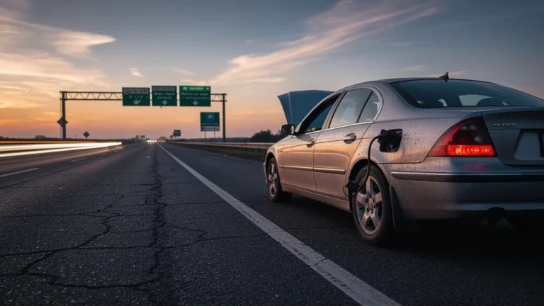 Voiture en panne sèche sur autoroute au coucher du soleil, moment clé qui change les habitudes de conduite