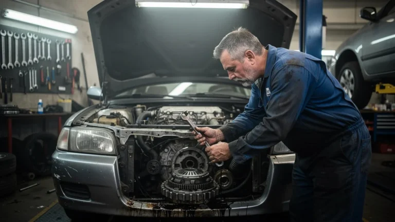 Réparation embrayage endommagé par négligence vidange boîte, garage auto réaliste, homme 48 ans