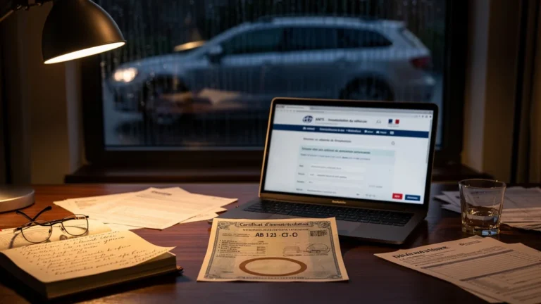 Bureau sombre illustrant l’oubli de déclarer un changement d’adresse bloquant une carte grise
