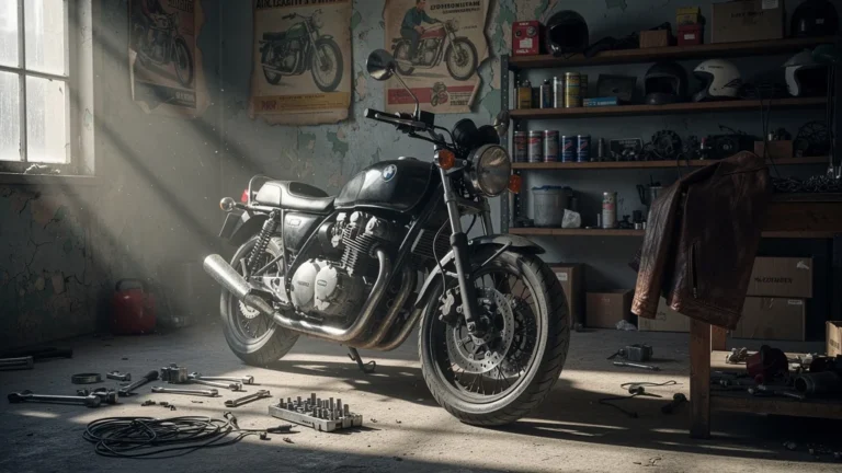 Garage au printemps avec moto sans coupe-batterie causant un démarrage mort, ambiance réaliste et détaillée