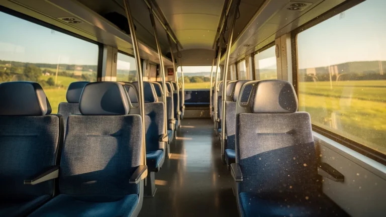 Intérieur d’un train régional vide baigné de lumière, symbolisant la surprise de reprendre le train après vingt ans