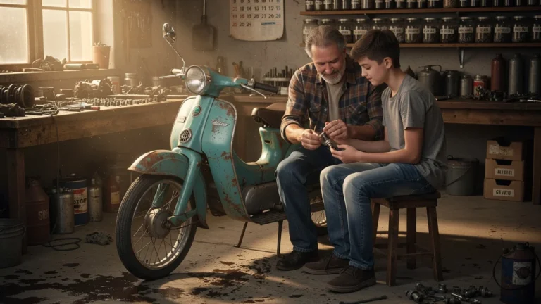 Homme de 48 ans restaurent une vieille mobylette avec son fils dans un atelier lumineux et nostalgique