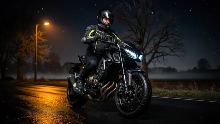 Homme de 48 ans sur moto la nuit, réévaluant son équipement de sécurité deux-roues