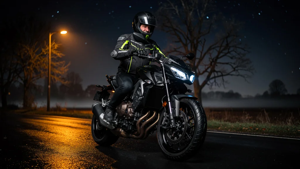 Homme de 48 ans sur moto la nuit, réévaluant son équipement de sécurité deux-roues