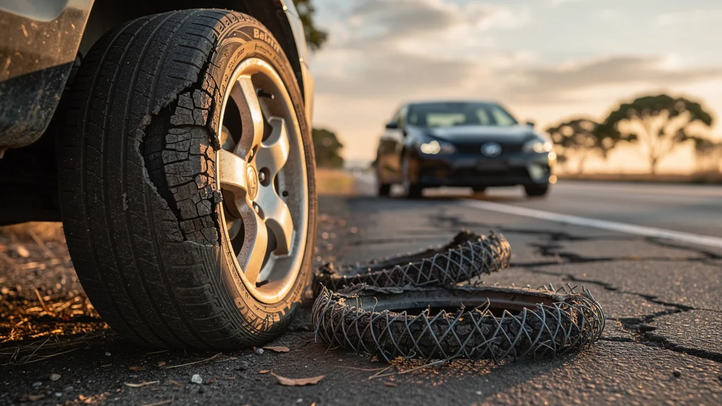 Voiture arrêtée avec deux pneus déchiquetés suite à un pneu sous-gonflé trop longtemps utilisé