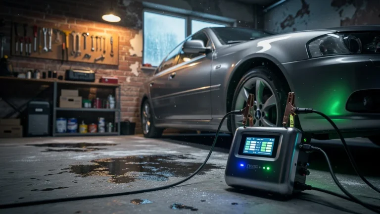 Chargeur intelligent connecté à la batterie d’une voiture dormante tout l’hiver en garage, sauvant sa charge