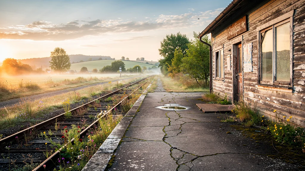 Gare de campagne oubliée au lever du soleil, ambiance nostalgique et nature envahissante autour des rails rouillés